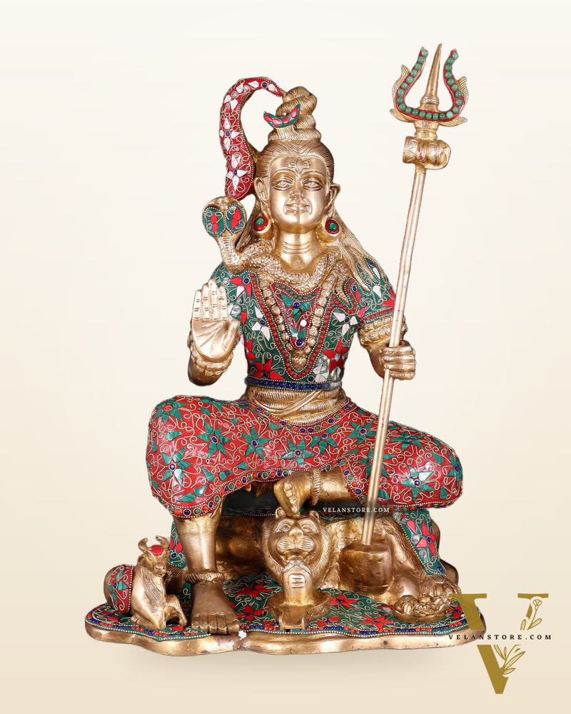 Lord Shiva Brass Statue with Stonework - 18"