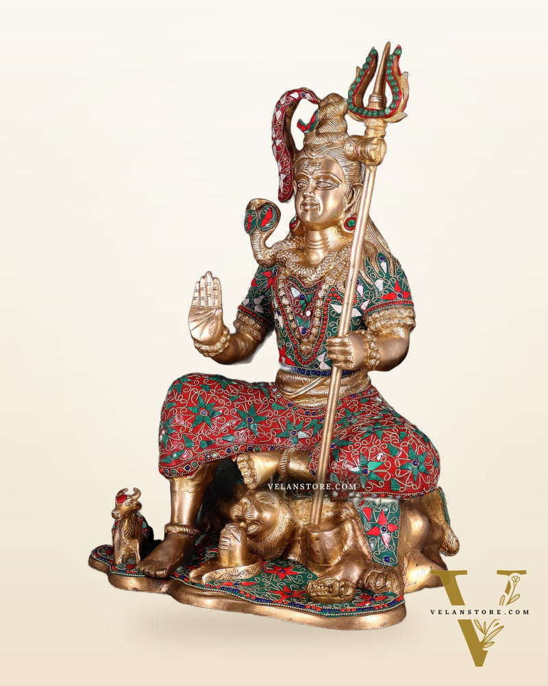 Lord Shiva Brass Statue with Stonework - 18"