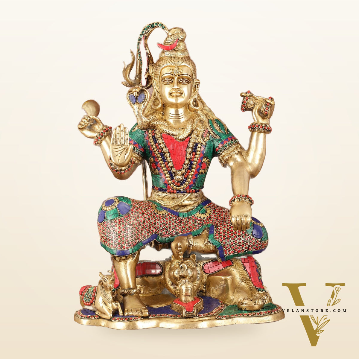 Lord Shiva Brass Statue with Stonework - 18"