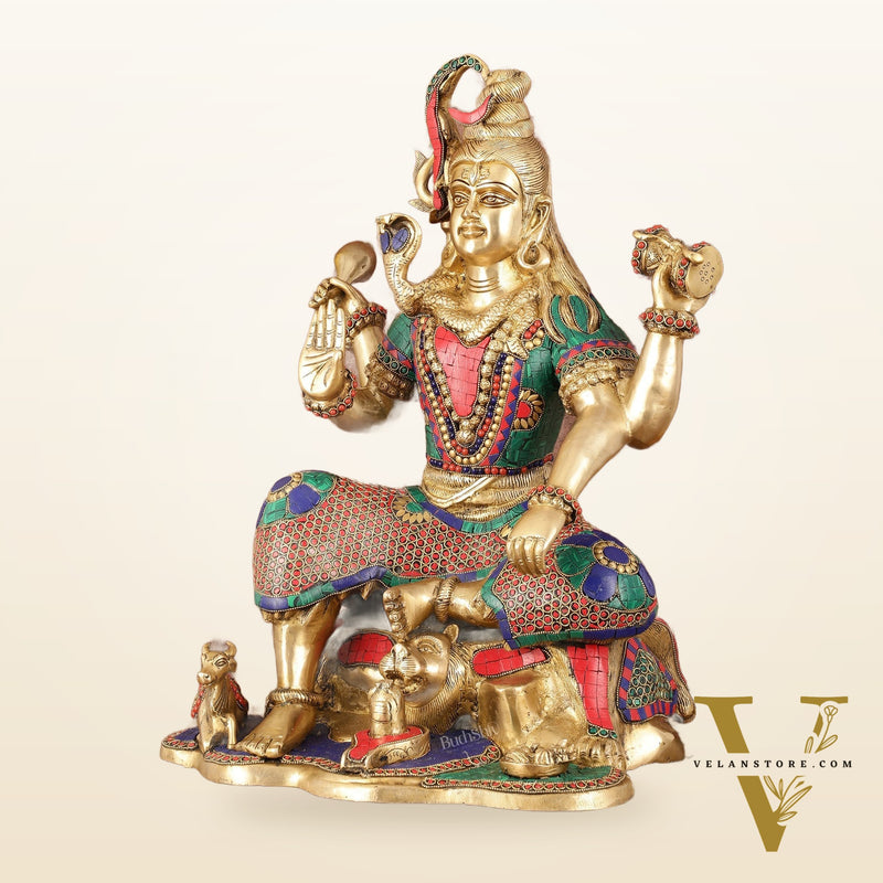 Lord Shiva Brass Statue with Stonework - 18"