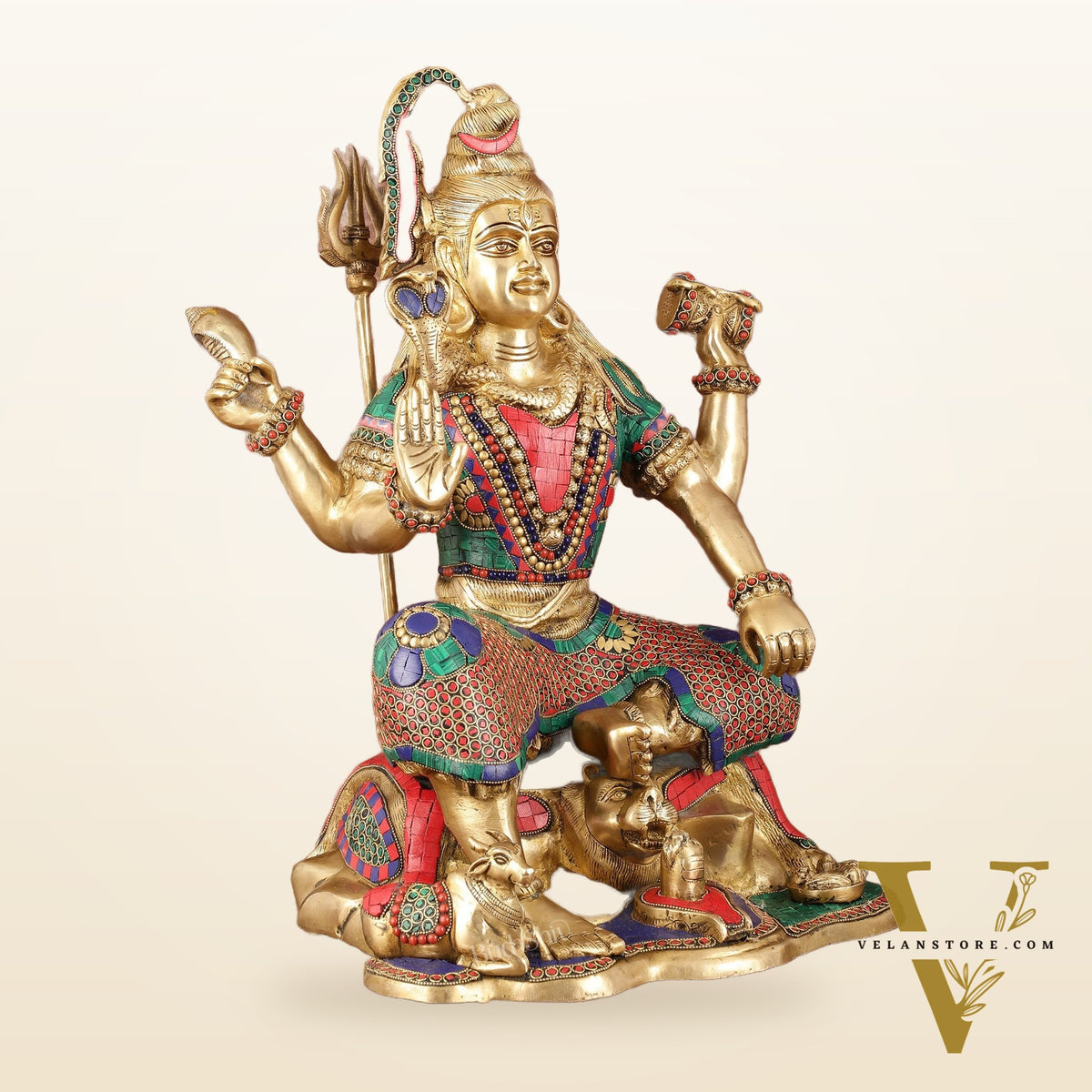 Lord Shiva Brass Statue with Stonework - 18"