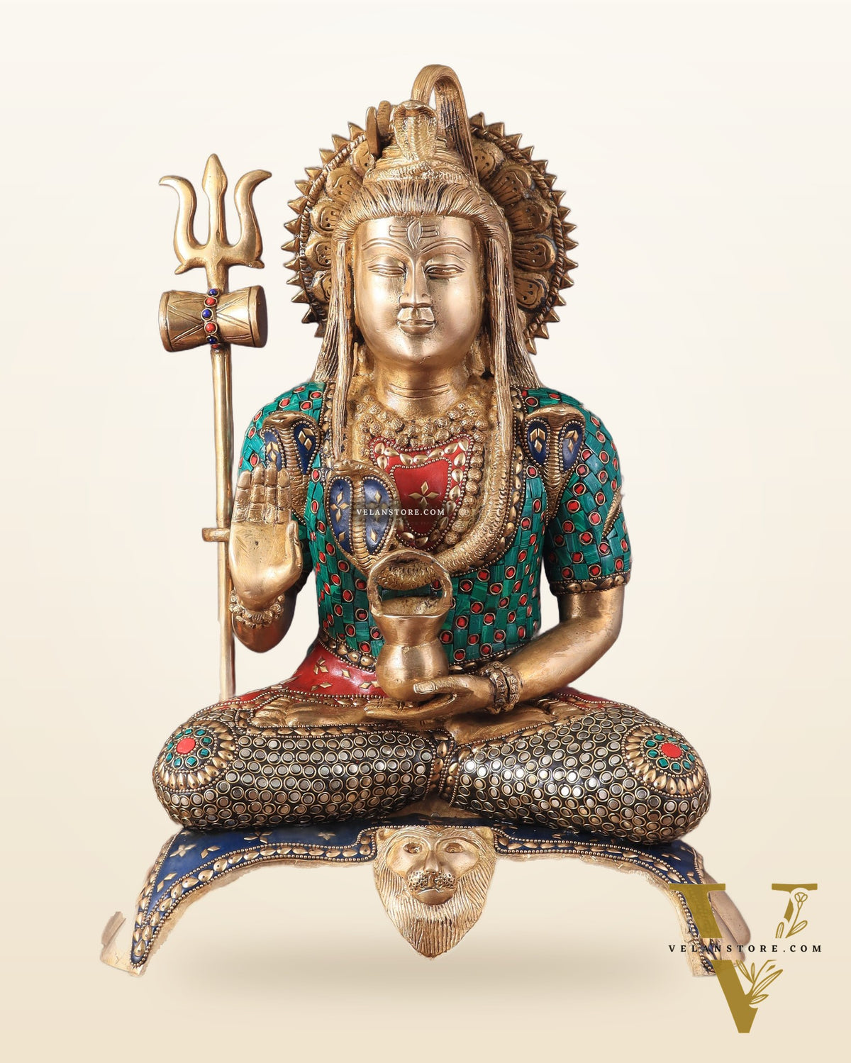 Lord Shiva Pure Brass Statue with Meenakari Stonework - 17"