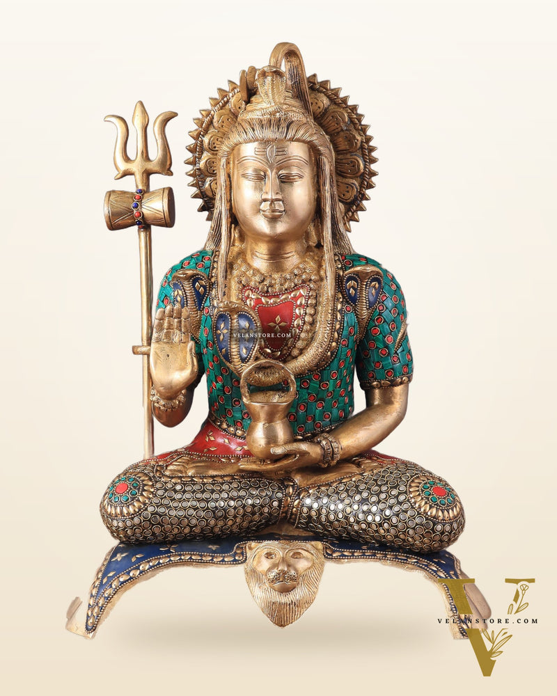 Lord Shiva Pure Brass Statue with Meenakari Stonework - 17"