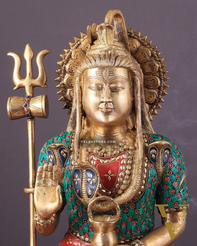 Lord Shiva Pure Brass Statue with Meenakari Stonework - 17"