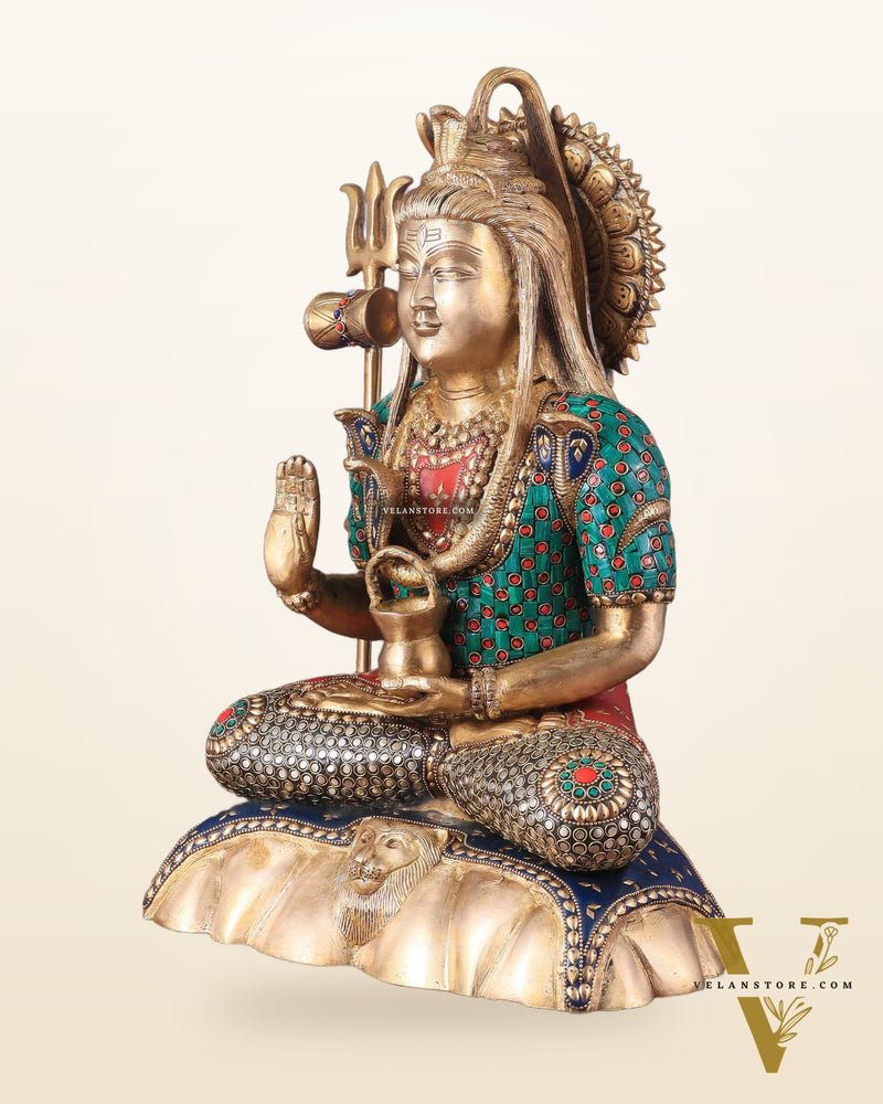 Lord Shiva Pure Brass Statue with Meenakari Stonework - 17"