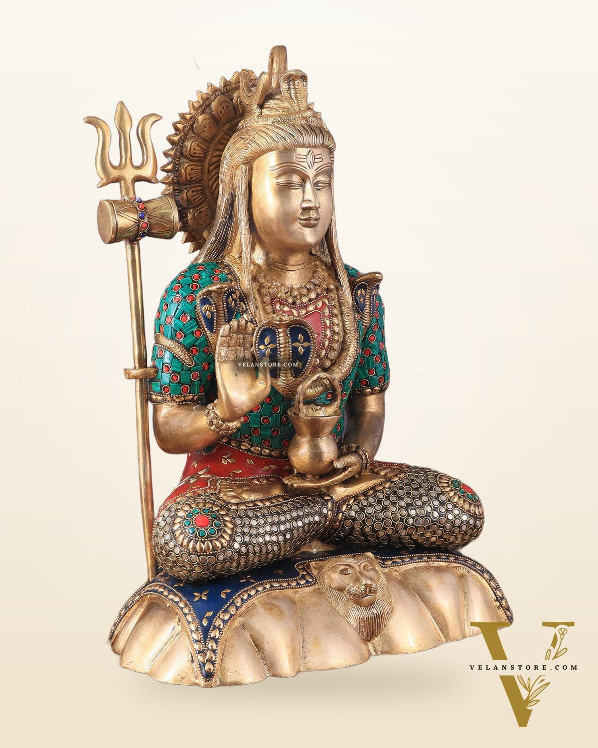 Lord Shiva Pure Brass Statue with Meenakari Stonework - 17"