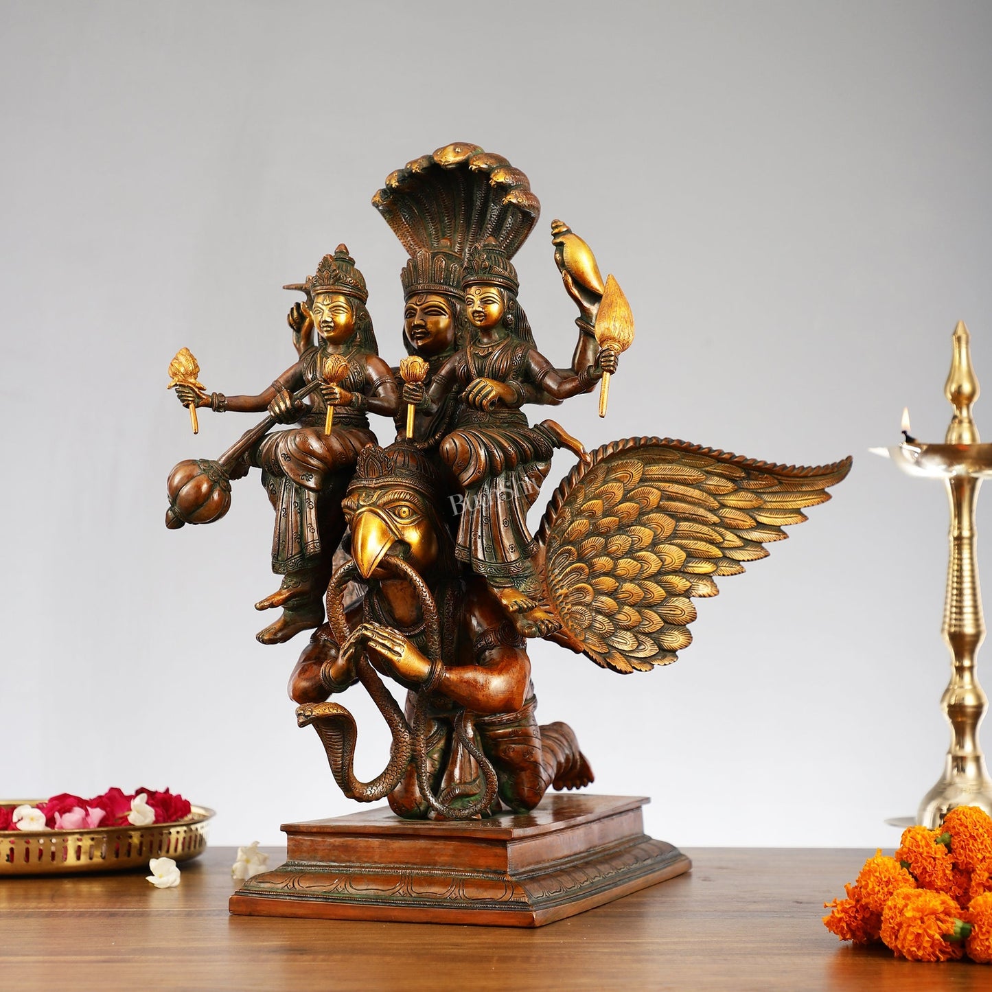 Lord Vishnu with Bhudevi and Sridevi on Garuda 18"