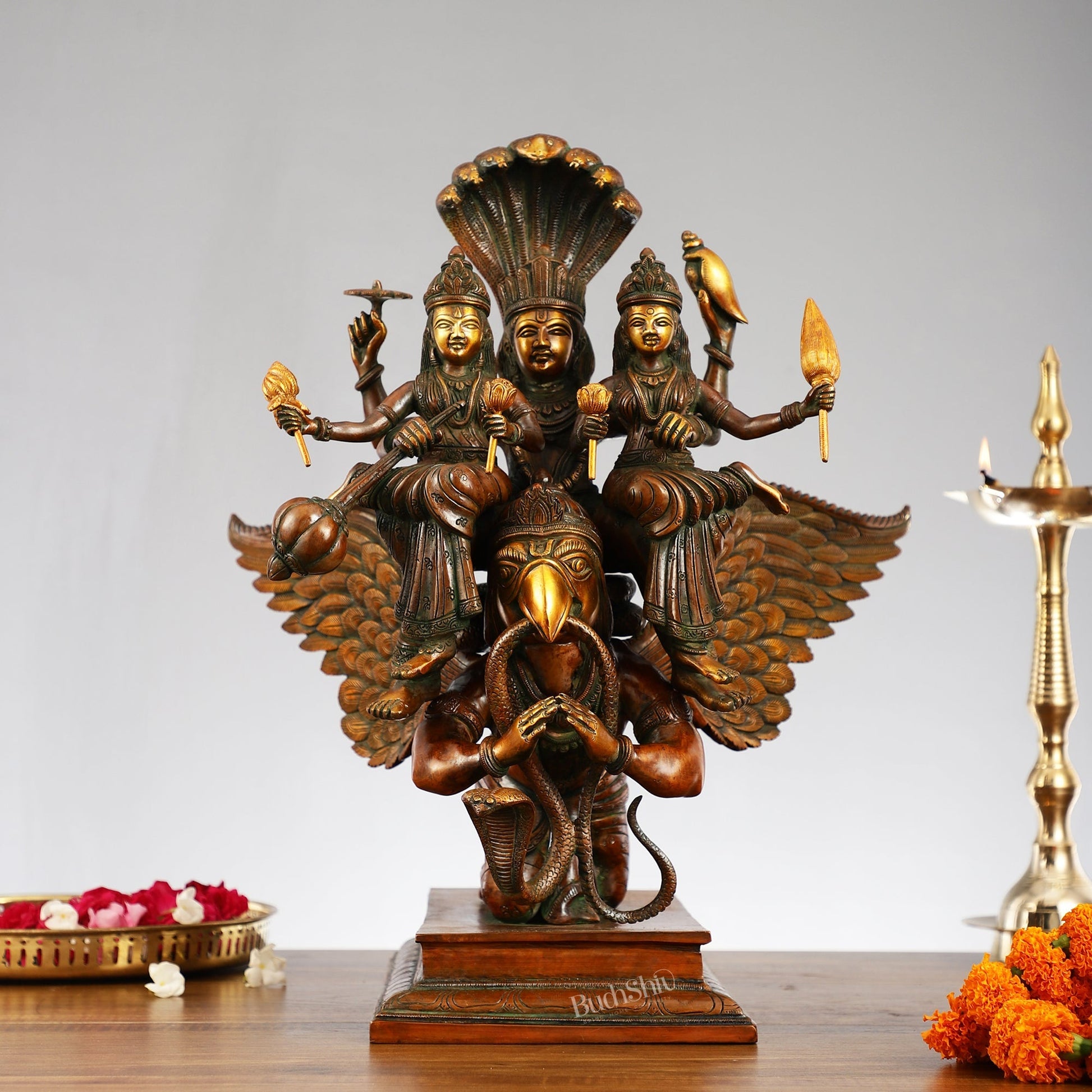 Lord Vishnu with Bhudevi and Sridevi on Garuda 18"