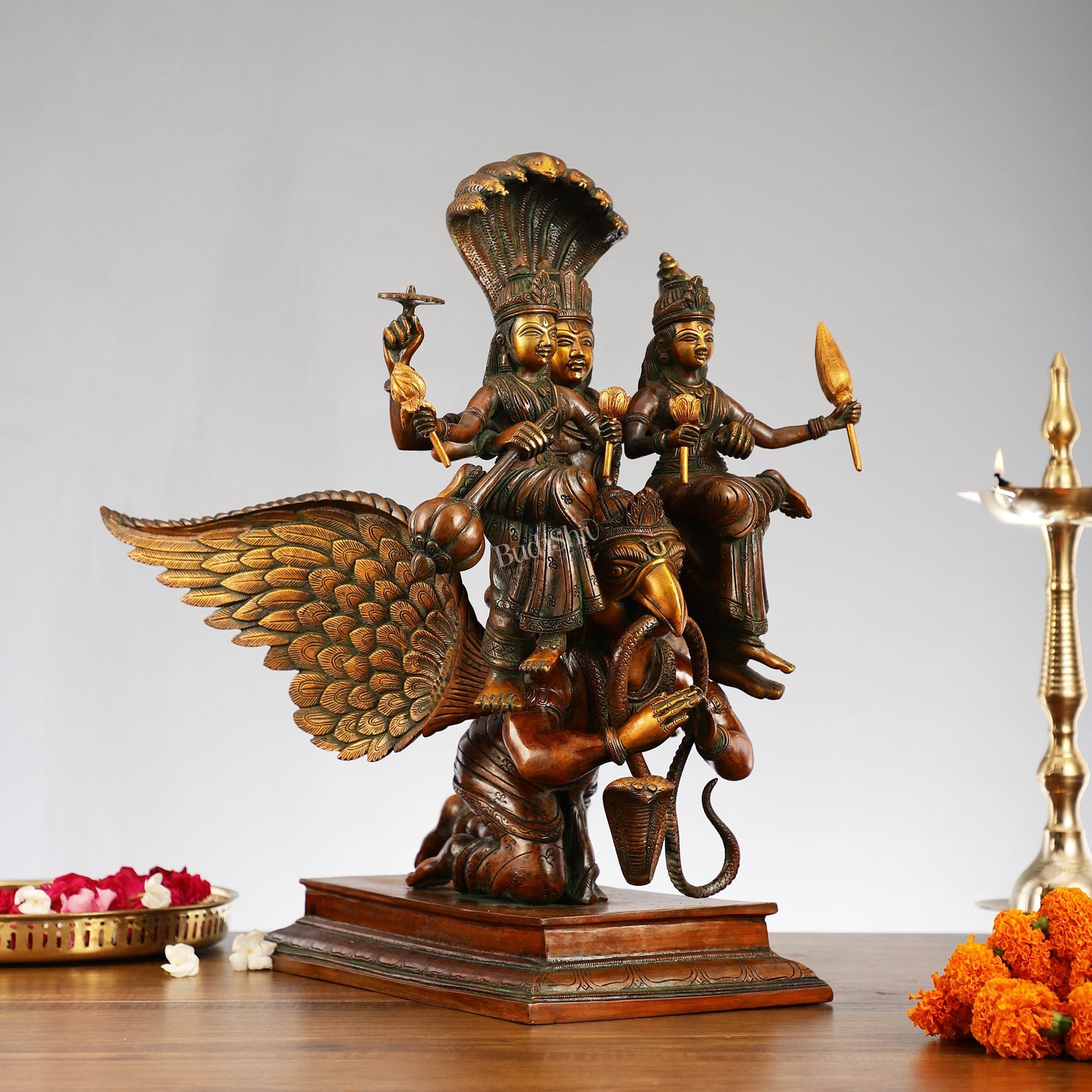 Lord Vishnu with Bhudevi and Sridevi on Garuda 18"