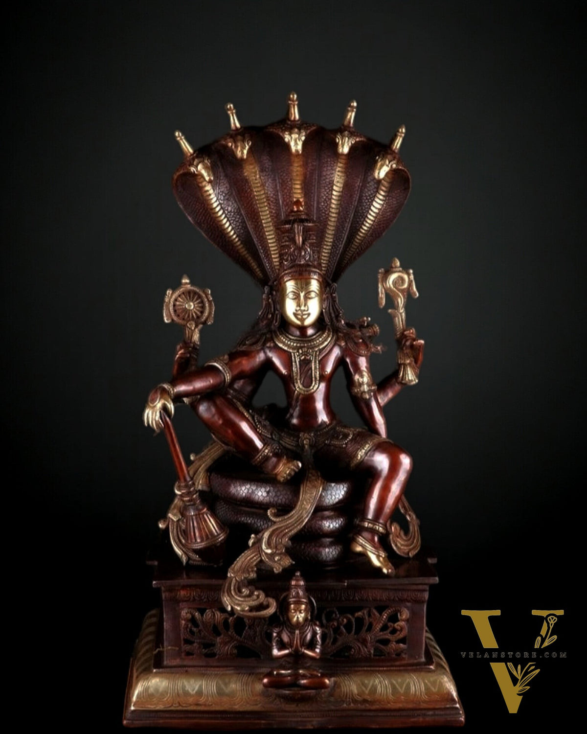 Lord Vishnu with sheshanaaga Brass statue large 30" Chola Brown