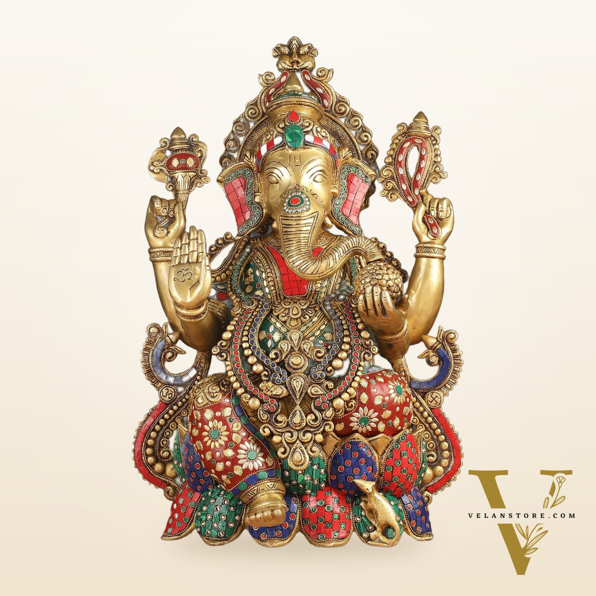 Lotus Ganesha Brass Idol 21 " enhanced carvings