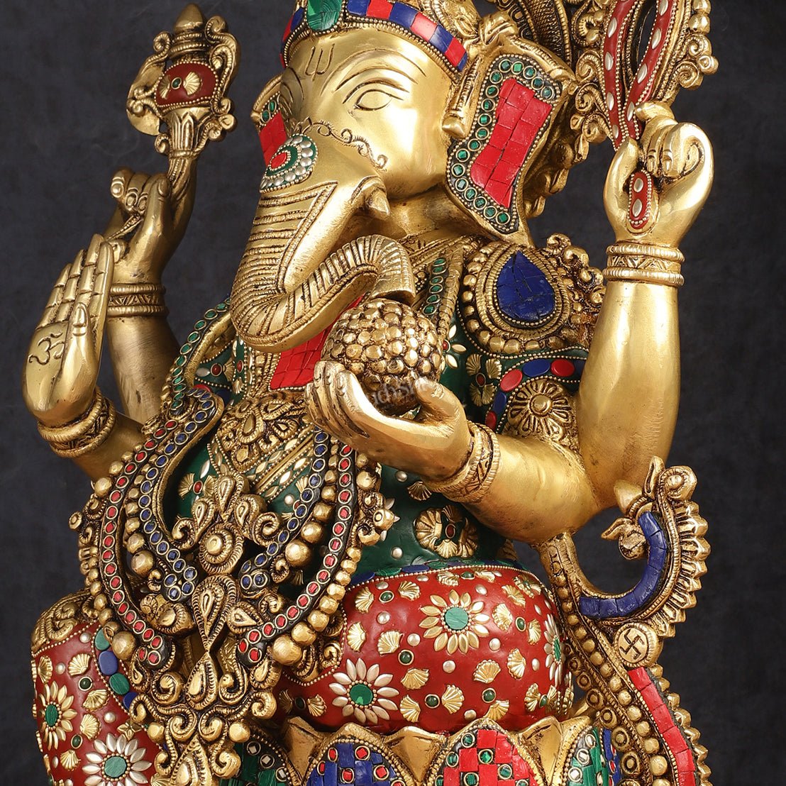 Lotus Ganesha Brass Idol 21 " enhanced carvings