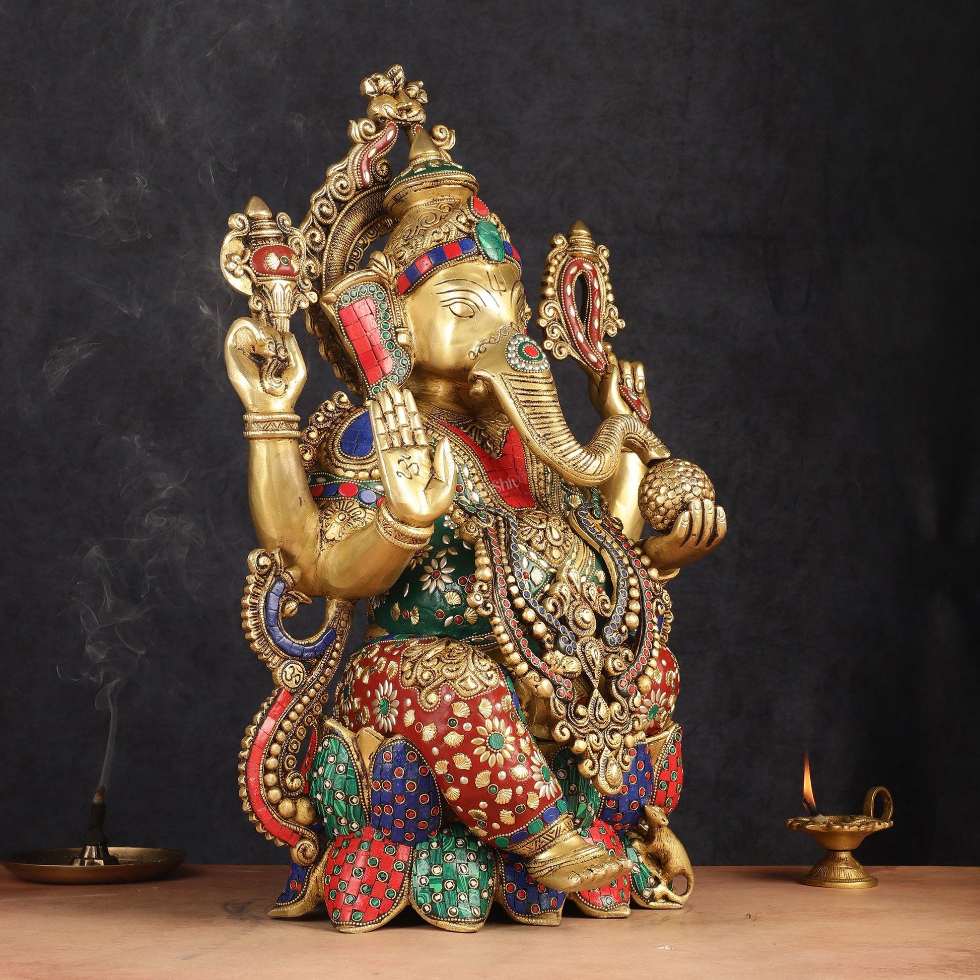 Lotus Ganesha Brass Idol 21 " enhanced carvings