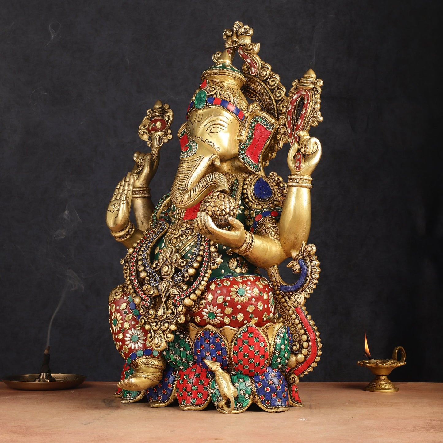 Lotus Ganesha Brass Idol 21 " enhanced carvings