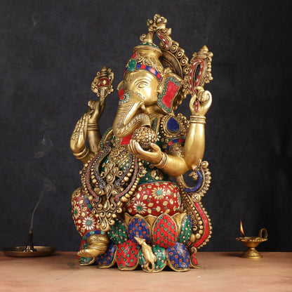 Lotus Ganesha Brass Idol 21 " enhanced carvings