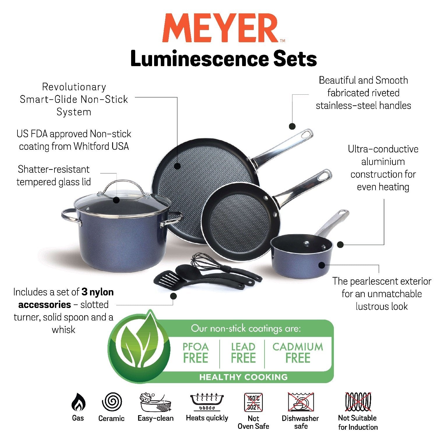 Meyer Luminescence Non-Stick 8pcs Cookware Set, Blue (Saucepan+Casserole/Biryani Pot+Frypan+Flat Tawa+Accessories)