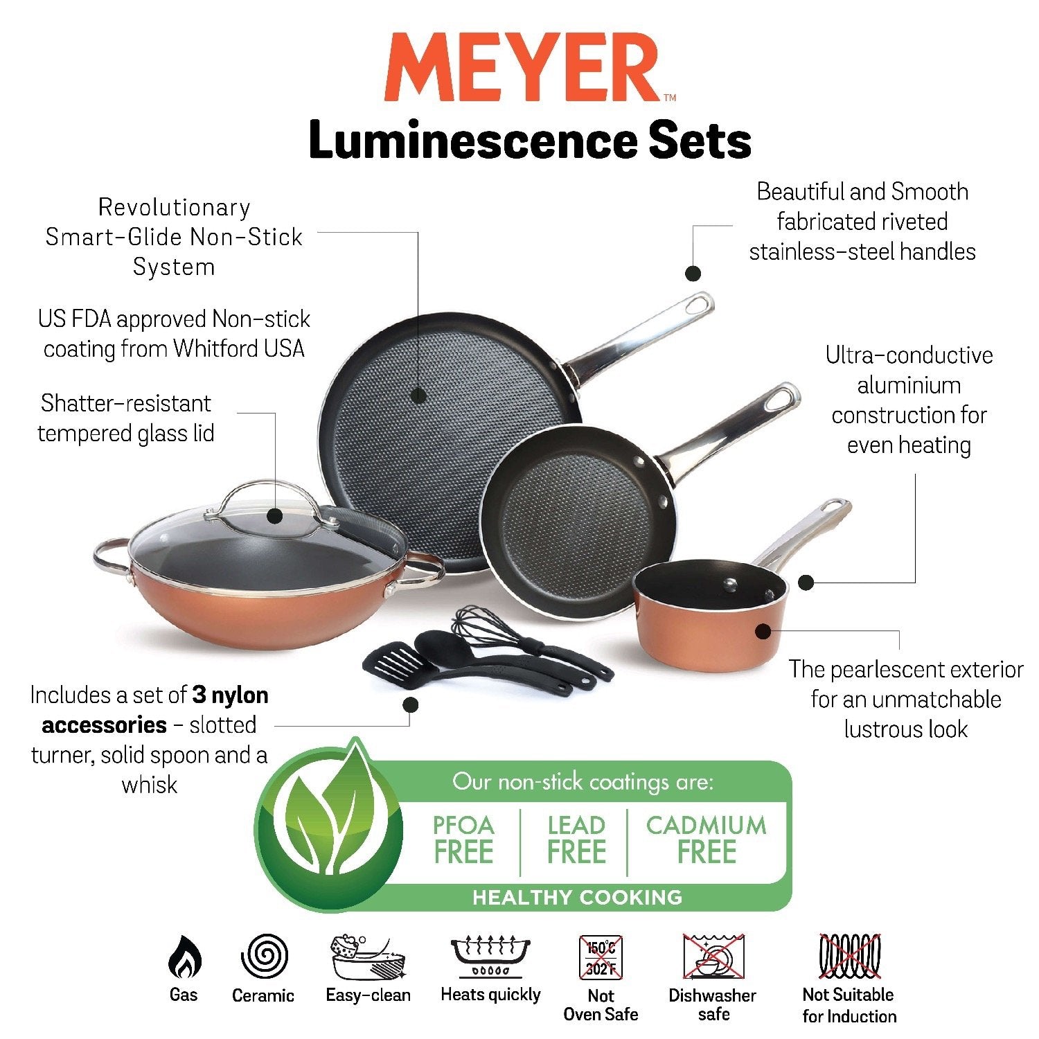Meyer Luminescence Non-Stick 8pcs Set, Copper (Saucepan+Kadai+Frypan+Tawa+Accessories)