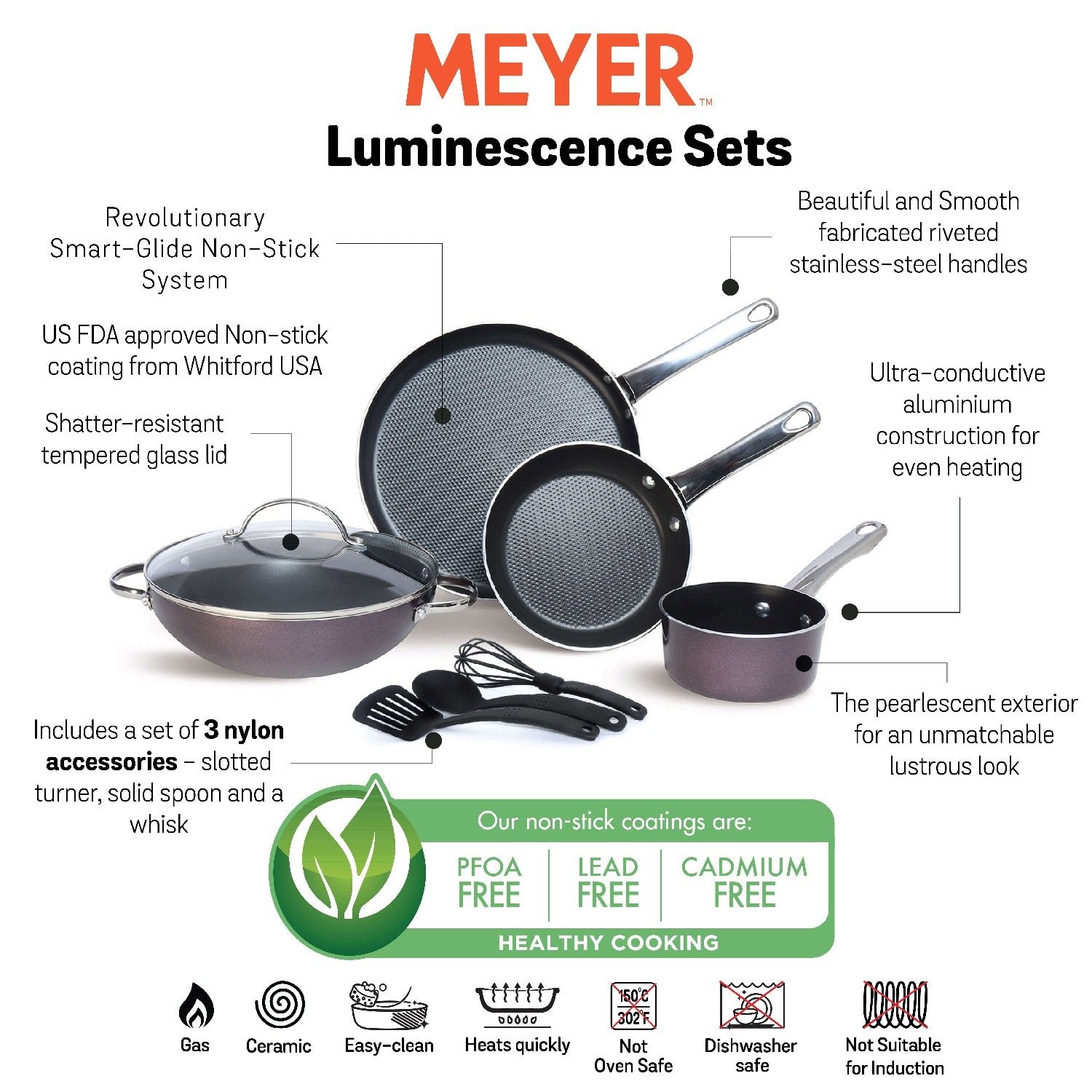 Meyer Luminescence Non-Stick 8-Piece Cookware Set, Red (Saucepan+Kadai+Frypan+Tawa+Accessories)