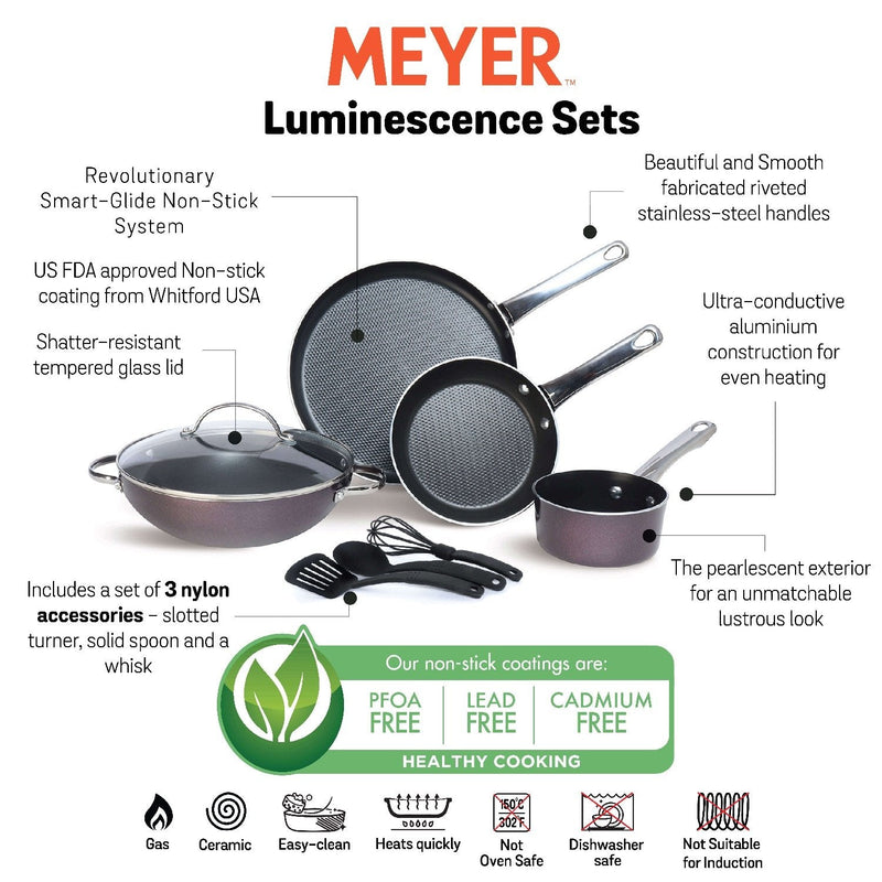 Meyer Luminescence Non-Stick 8-Piece Cookware Set, Red (Saucepan+Kadai+Frypan+Tawa+Accessories)