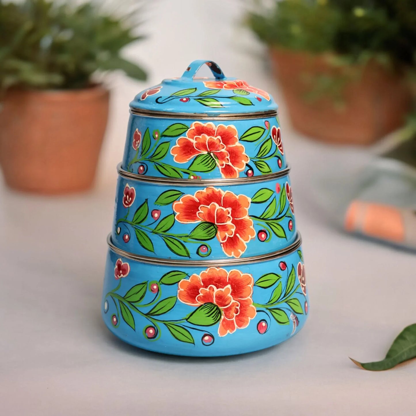 Shri-badri Hand Painted 3 Tier Steel Tiffin - Sky Blue