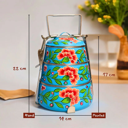 Shri-badri Hand Painted 3 Tier Steel Tiffin - Sky Blue