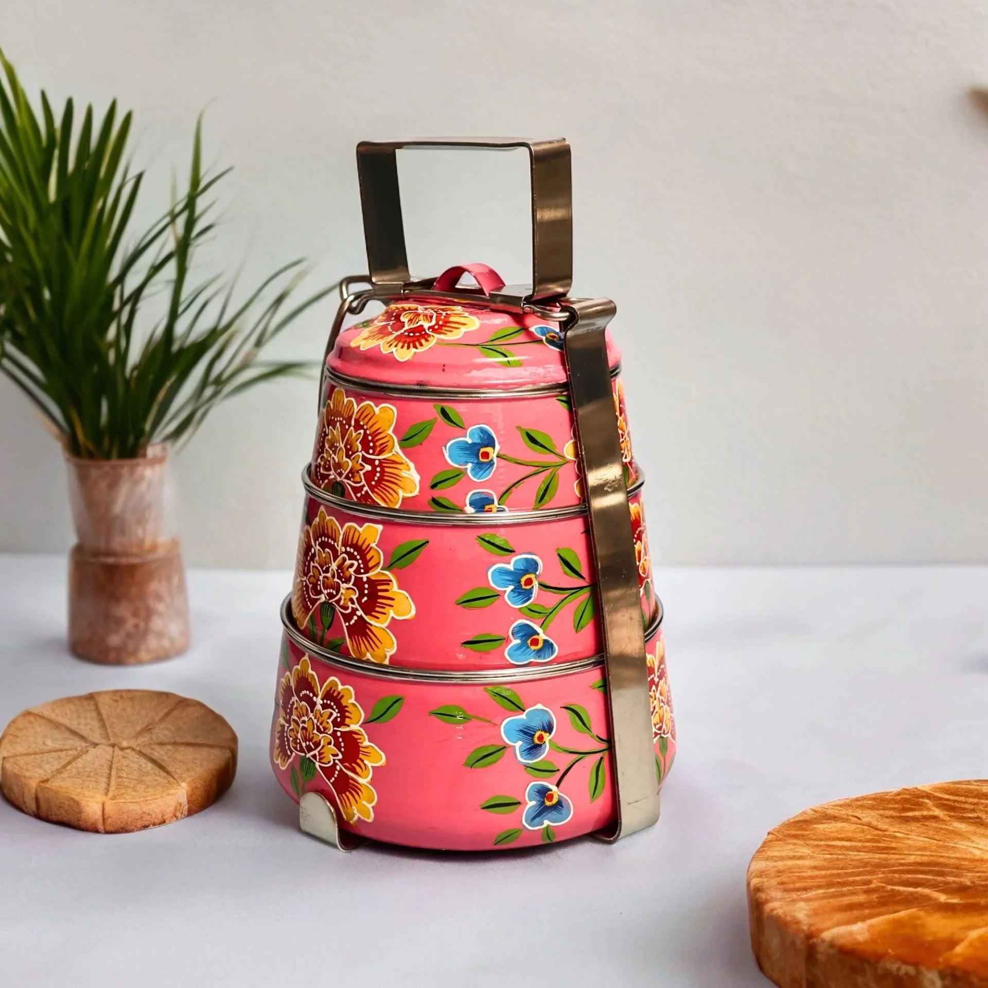 Shri-badri Hand Painted 3 Tier Steel Lunch Box - pink