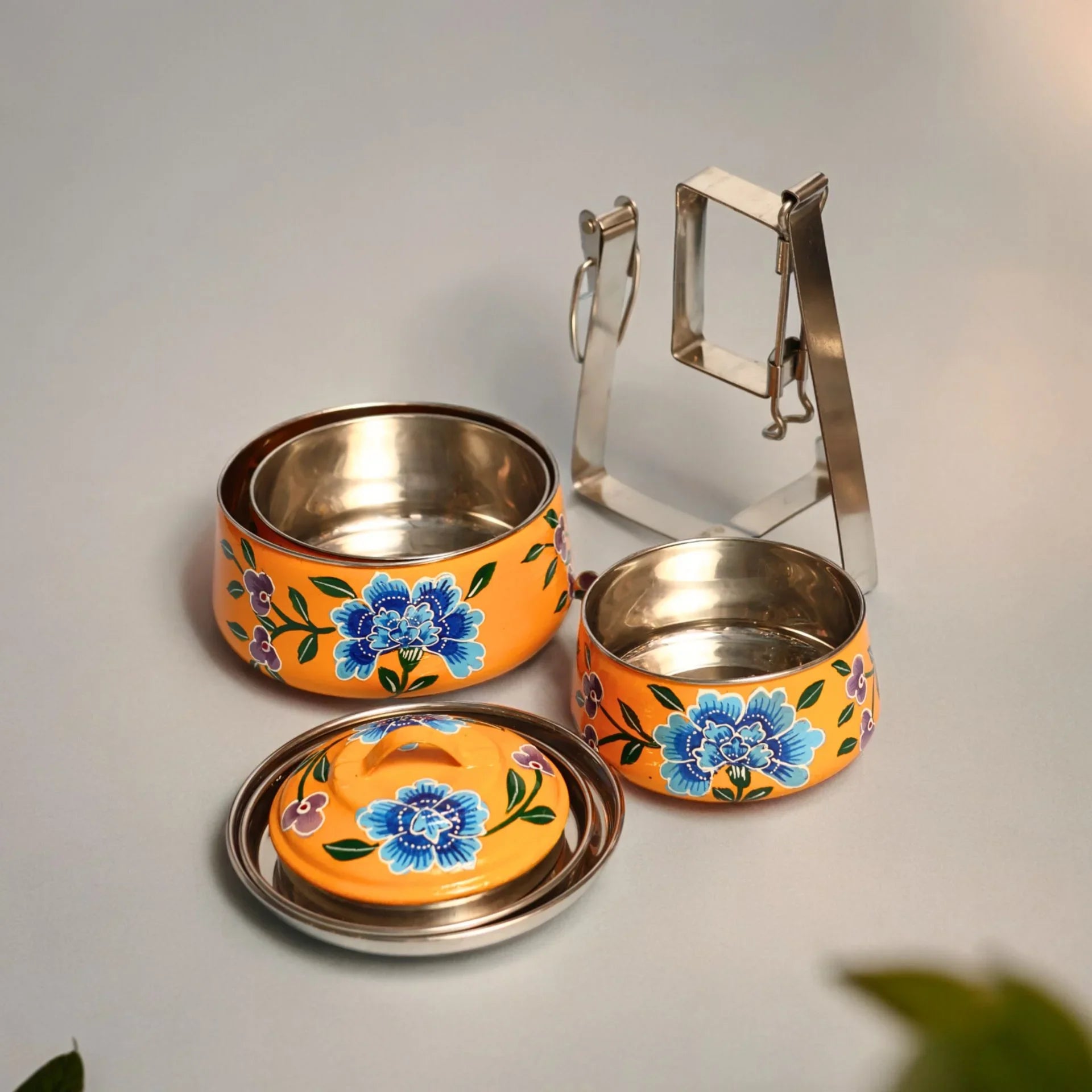 Shri-badri Hand Painted 3 Tier Steel Lunch Box - Yellow