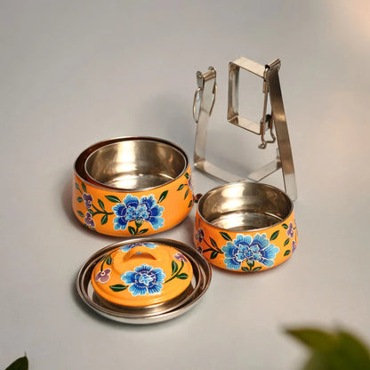 Shri-badri Hand Painted 3 Tier Steel Lunch Box - Yellow