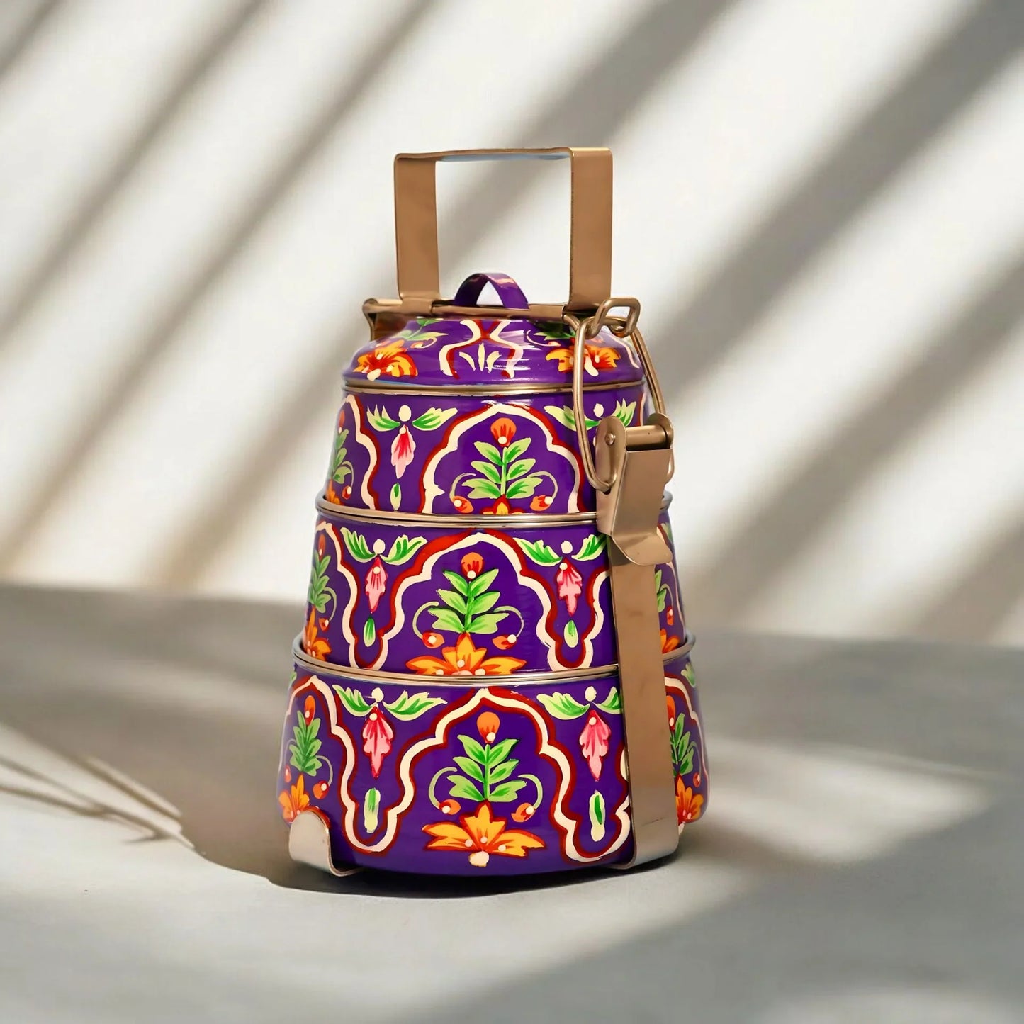 Shri-badri Hand Painted 3 Tier Steel Lunch Box - Purple