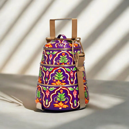 Shri-badri Hand Painted 3 Tier Steel Lunch Box - Purple