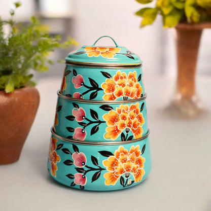 Shri-badri Hand Painted 3 Tier Steel tiffin Box - Blue