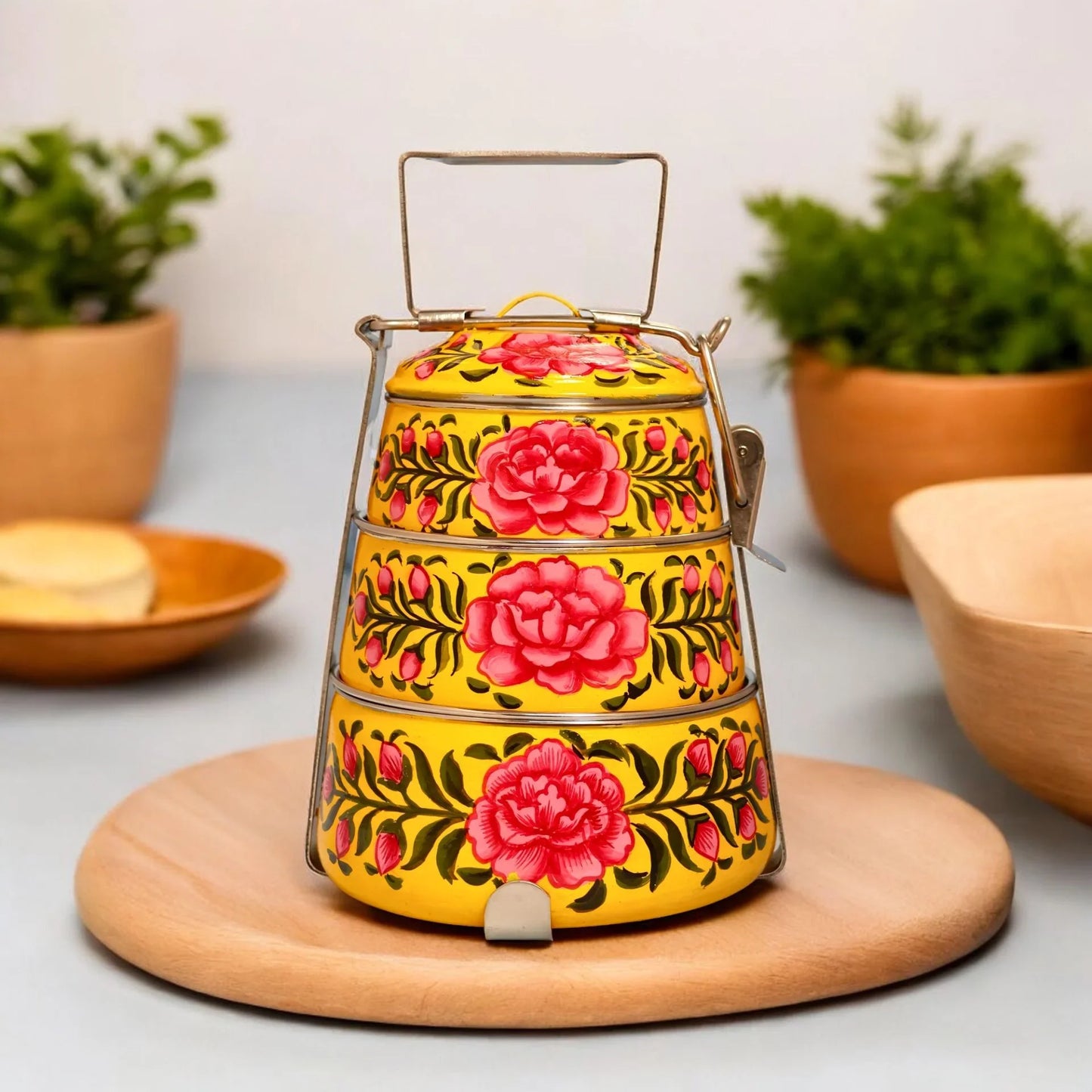 Shri-badri Hand Painted 3 Tier Steel Lunch Box - Yellow With Rose