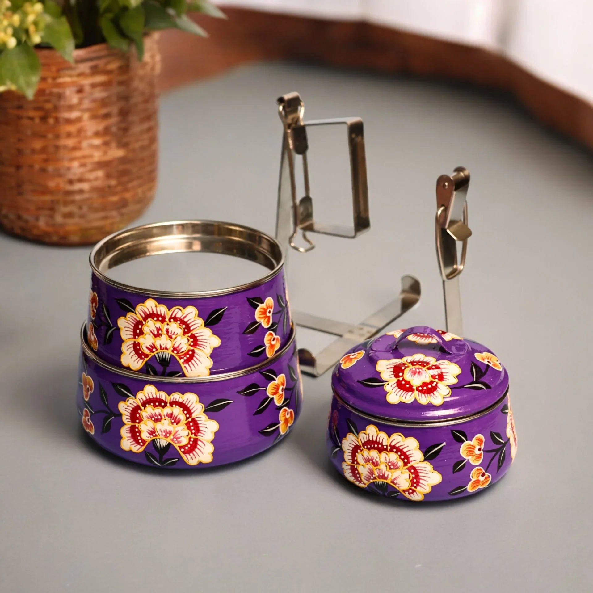 Shri-badri Hand Painted 3 Tier Steel tiffin Box - Purple