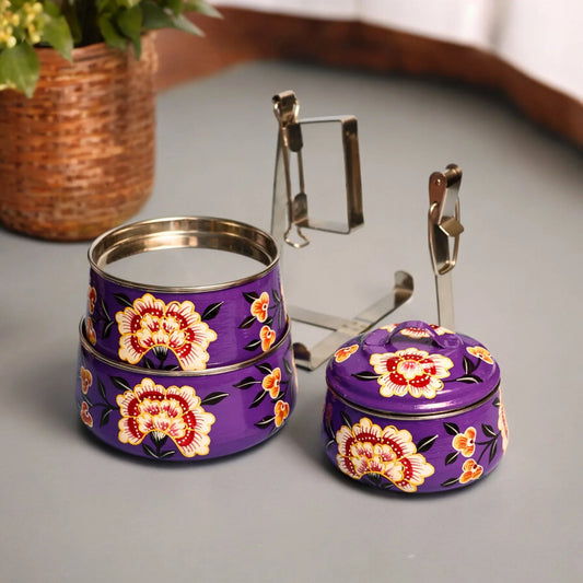 Shri-badri Hand Painted 3 Tier Steel tiffin Box - Purple