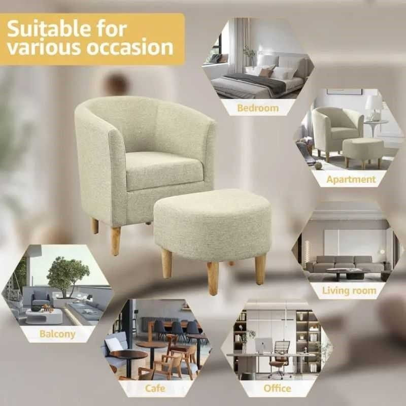 LuxeHaven Armchair with pouff stool set | Beige Fabric with Ottoman | Cozy Reading Chair | Living Room