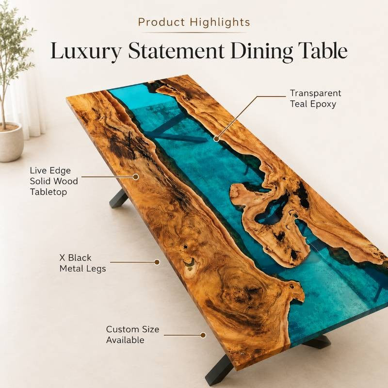 TealCanyon Live Edge Epoxy Resin River Dining Table