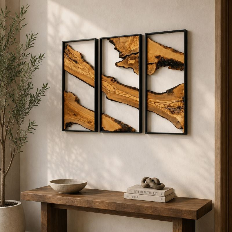 Rustic Natural Wood Wall Art Panels with Black Metal Frame – Luxury Living Room Decor