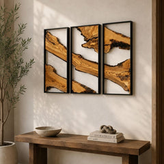 Rustic Natural Wood Wall Art Panels with Black Metal Frame – Luxury Living Room Decor