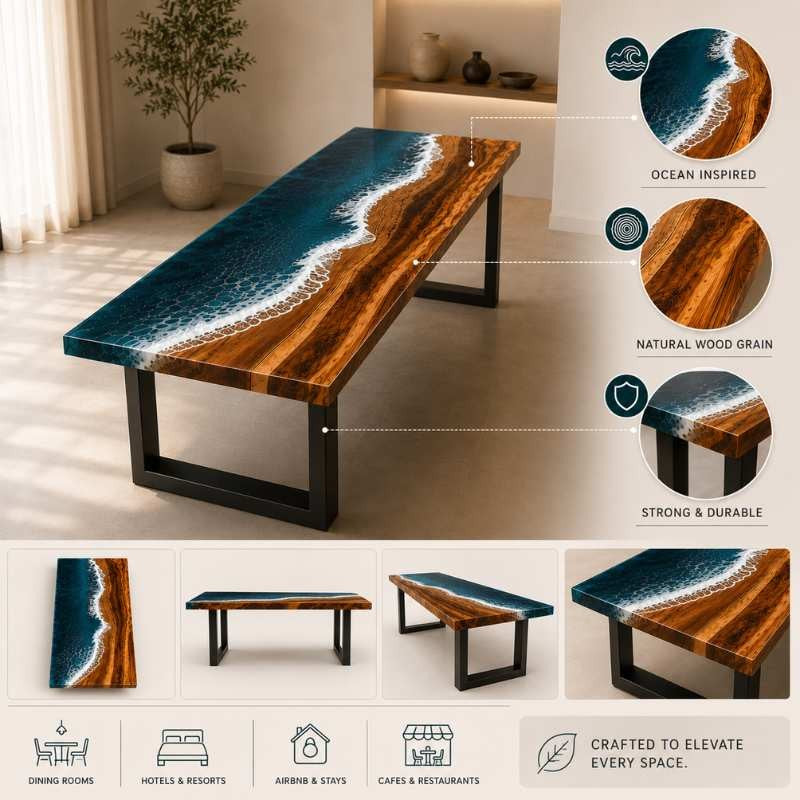 Live Edge Modern Ocean Beach Wave Epoxy Resin Dining Table with Black Metal Legs, Handmade Luxury Furniture Design, Custom Kitchen River Table