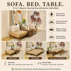 Scandinavian Acacia Wood Pull-Out Sofa Bed with Sliding Coffee Table – Beige Polyester