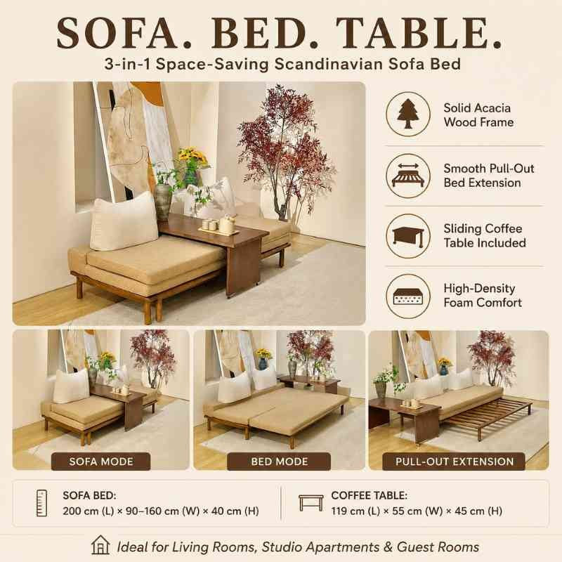 Scandinavian Acacia Wood Pull-Out Sofa Bed with Sliding Coffee Table – Beige Polyester