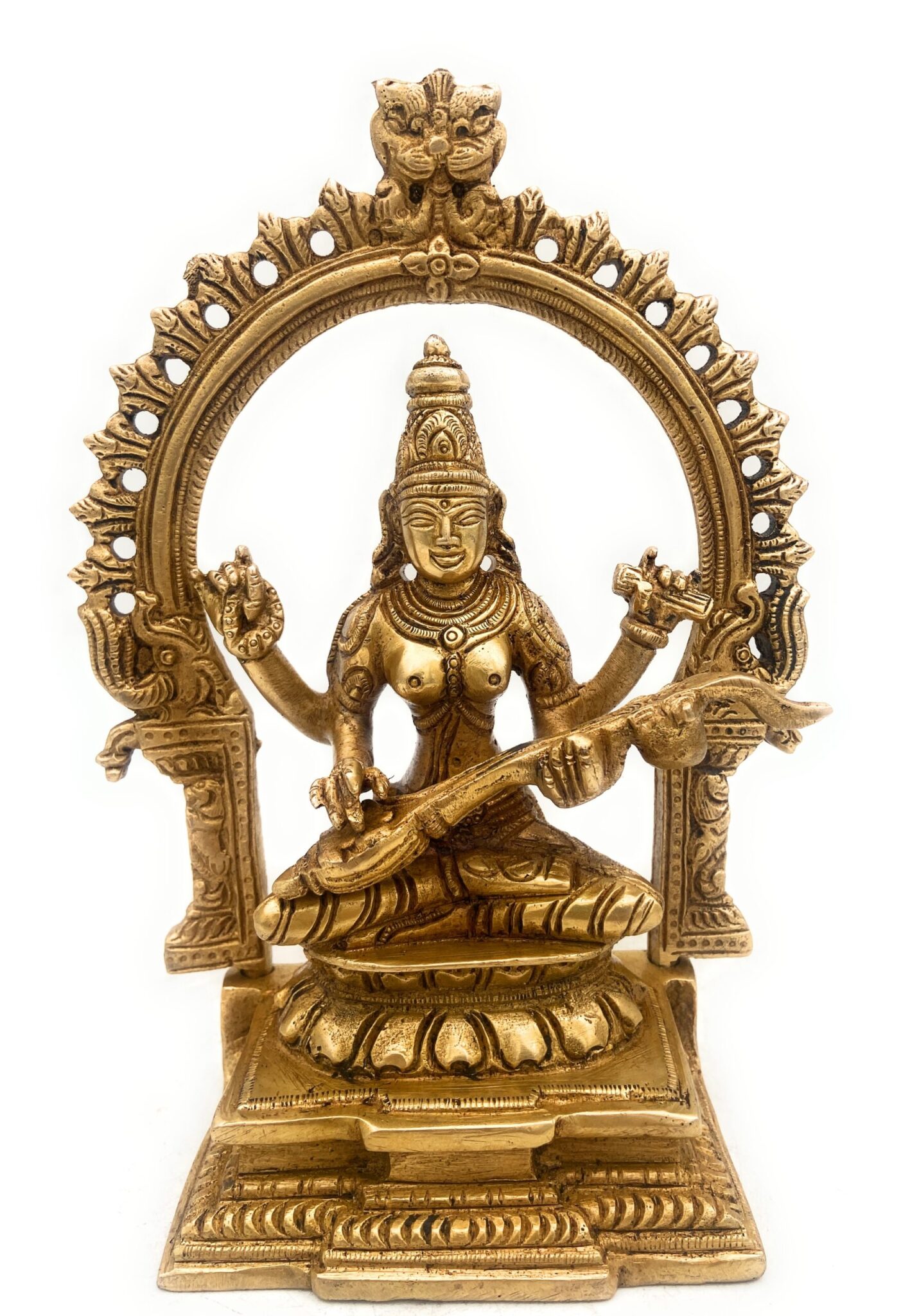 Brass Saraswati Idol, Handcrafted Sharada Vagdevi Bharati Statue, Veenapani Kalaimagal Vidyadayini Pital Murti for Pooja, Temple & Home Decor,Gold, 8 Inch, 1 Piece