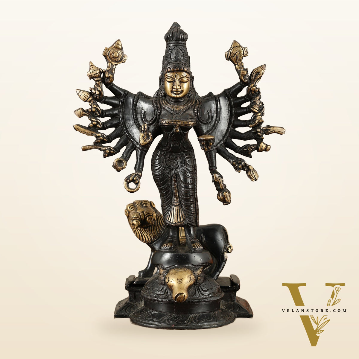 Mahisasur Mardini Durga Brass Idol 10" black gold