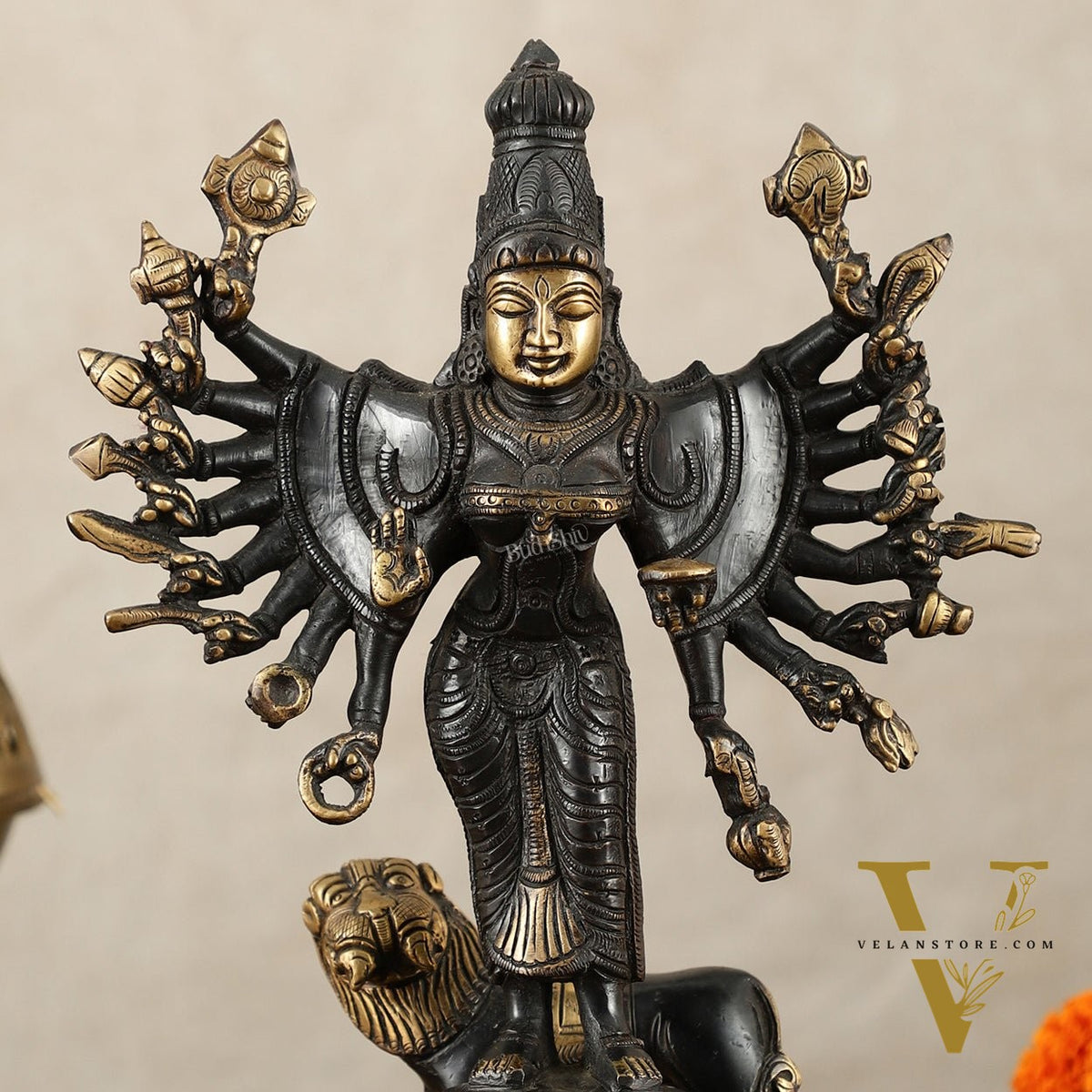 Mahisasur Mardini Durga Brass Idol 10" black gold