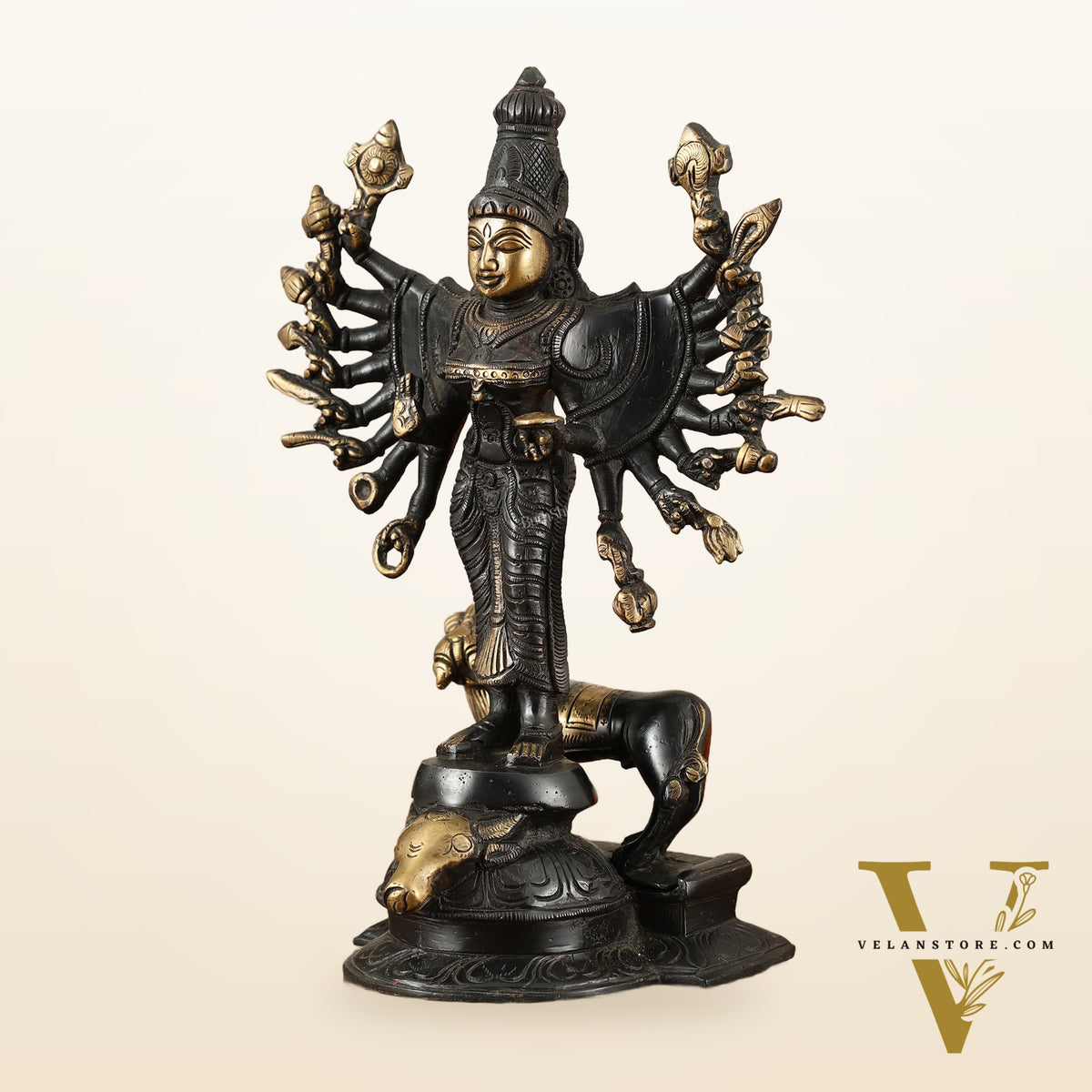 Mahisasur Mardini Durga Brass Idol 10" black gold
