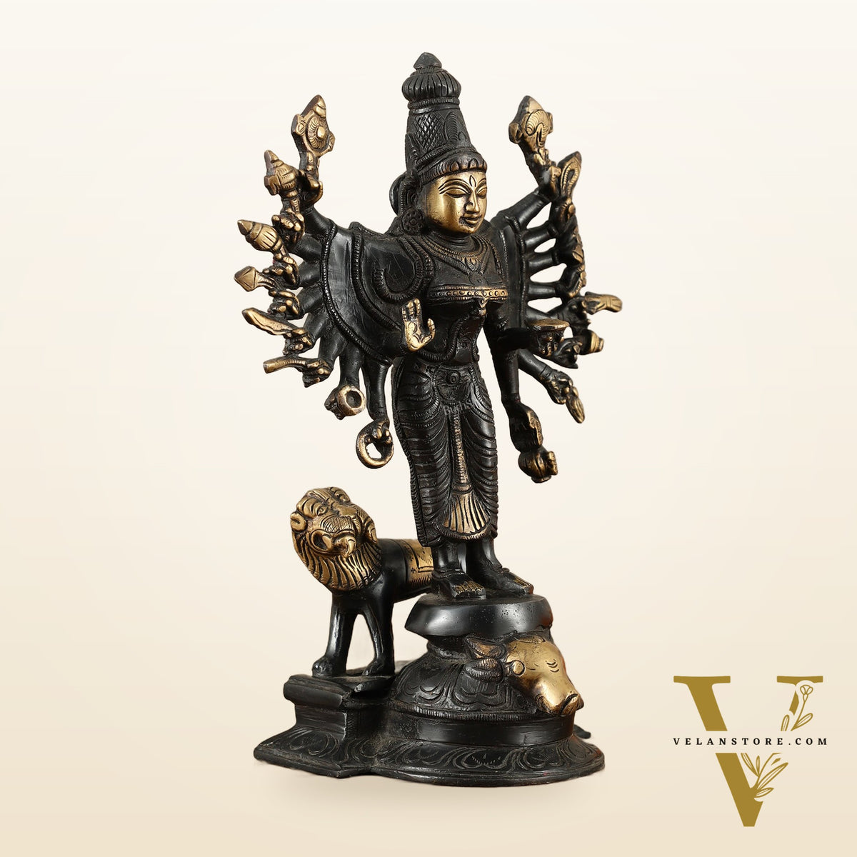 Mahisasur Mardini Durga Brass Idol 10" black gold