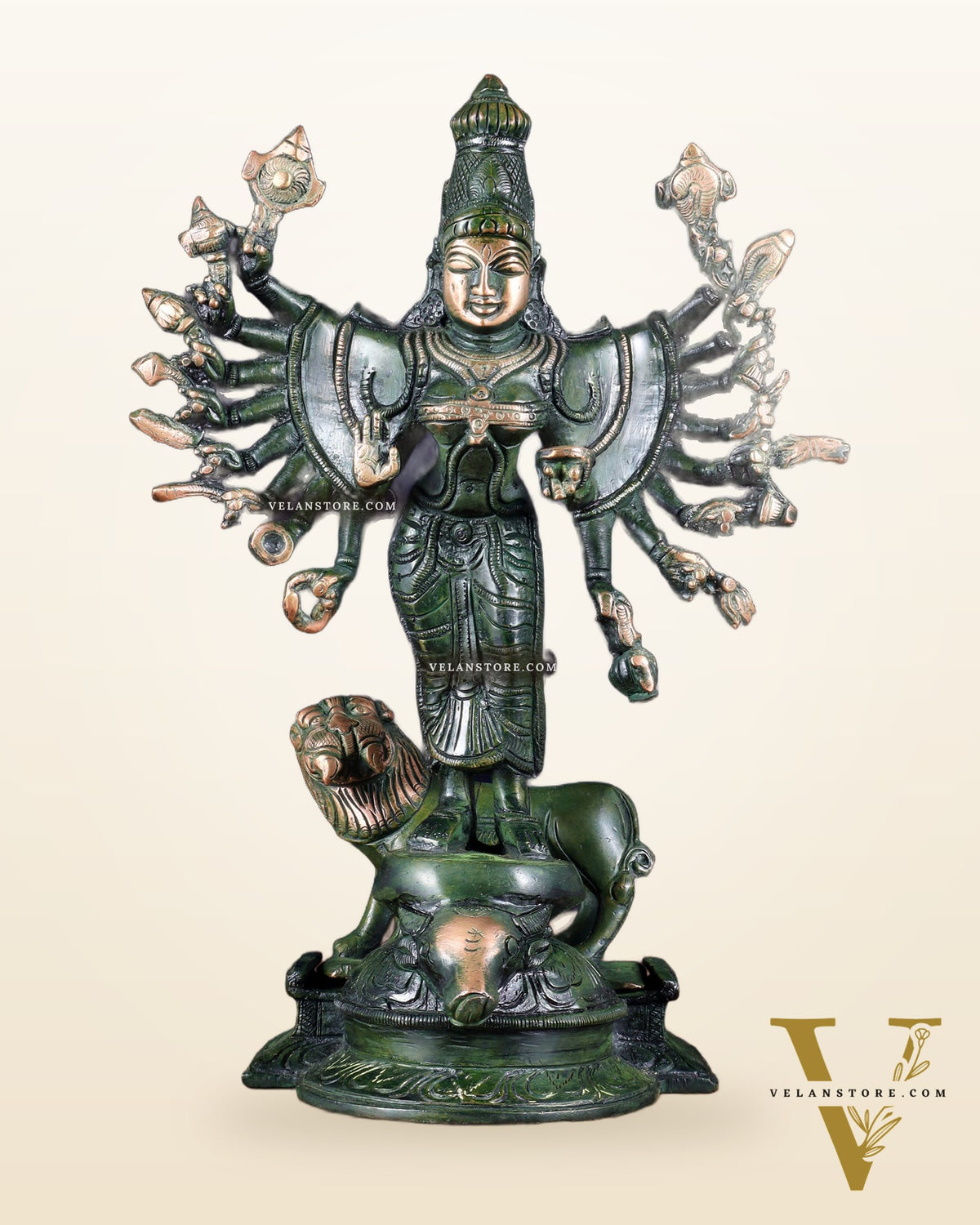 Mahisasur Mardini Durga Brass Idol 10" green patina tone