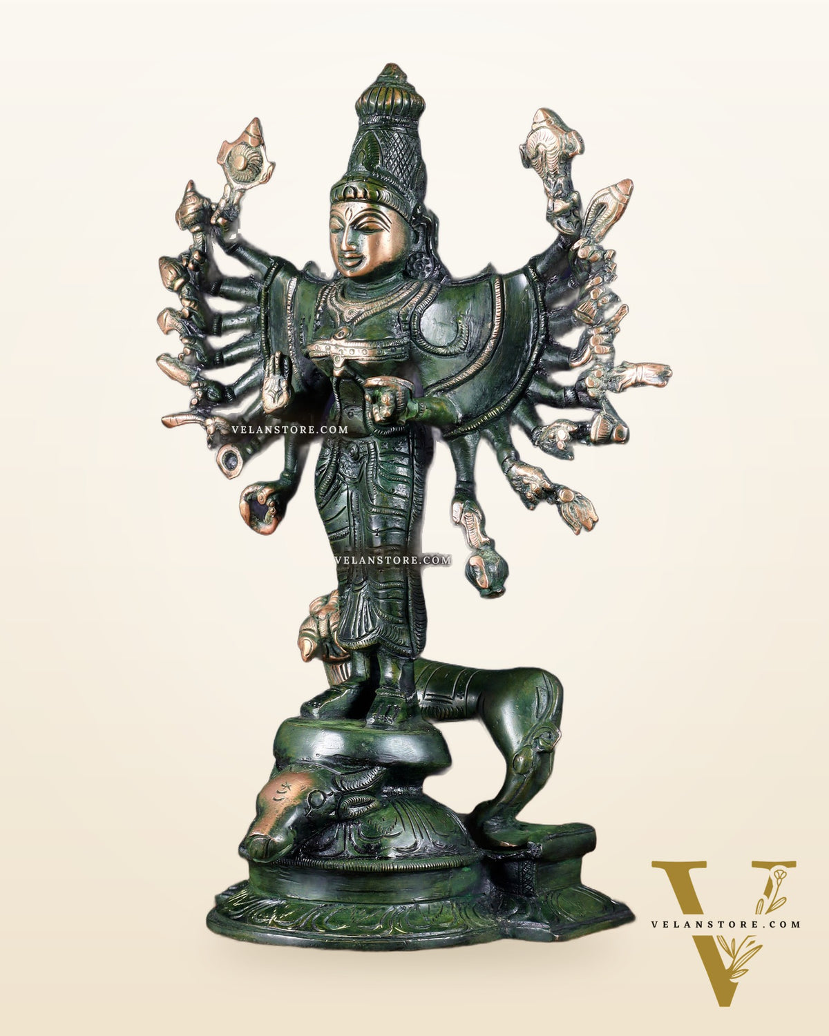 Mahisasur Mardini Durga Brass Idol 10" green patina tone