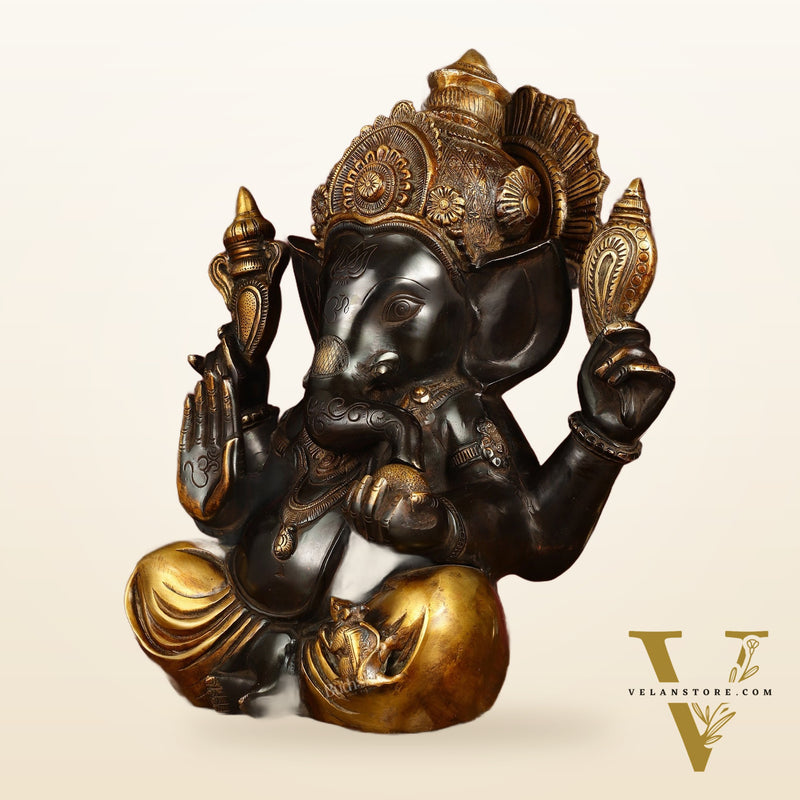 Majestic 15-Inch Pure Brass Ganapati Statue in Black Tone