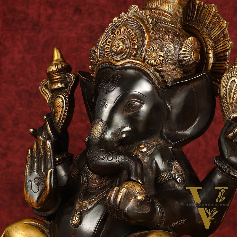 Majestic 15-Inch Pure Brass Ganapati Statue in Black Tone